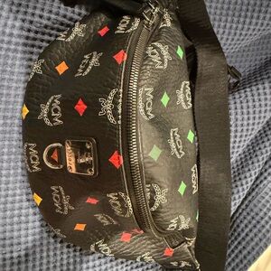 MCM Black Leather Belt Bag with Multicolor Logo Diamonds